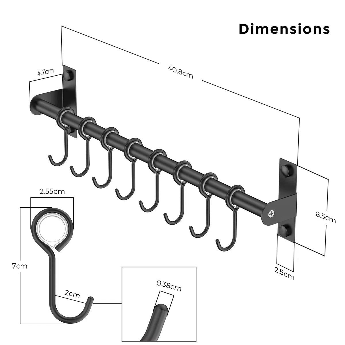 Estante para utensilios de acero inoxidable, estante para colgar en la pared con 8 ganchos deslizantes, para cocina y baño (negro)