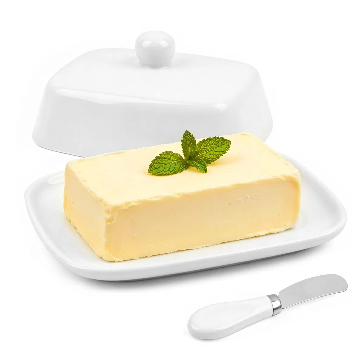Mantequera de cerámica – Mantequera de porcelana blanca para mantequilla de 250 g, con tapa para mantener fresco