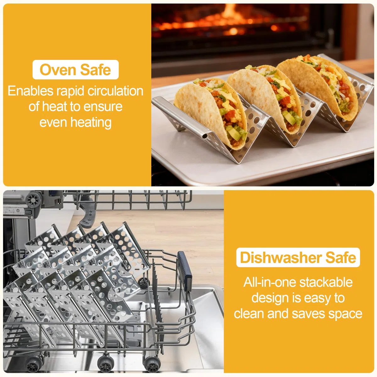 10 Soporte para Tacos de Acero Inoxidable con Cuencos para Mojar y Cuchara, Estante para Tacos Wave hasta 3 Tacos Cada Uno, Soporte para Perritos Calientes para Mantener Sandwiches Tortitas