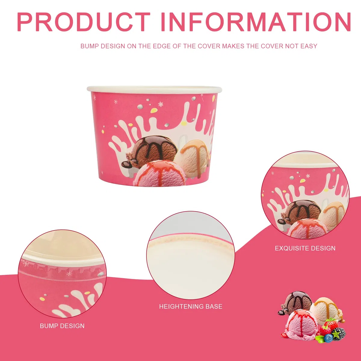 Envase para Copa de Helado,50 Piezas 4oz Resuable Papel Helado Tubos Sopa Recipientes con 50 Piezas Tapas y Cucharas,Helado Tazones Postre Tratar Tazas para Helado Helado Yogur Sopa Pastel (Rosa)