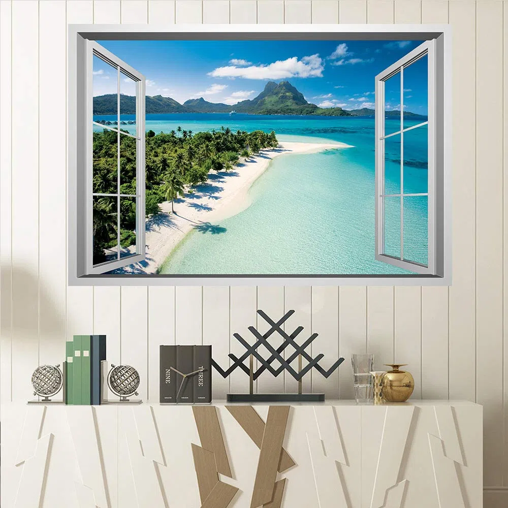 Lichi Pegatina de Pared 3D de Ventana Falsa de Escena de Playa en Isla, Vinilo Decorativo para Decoración del Hogar