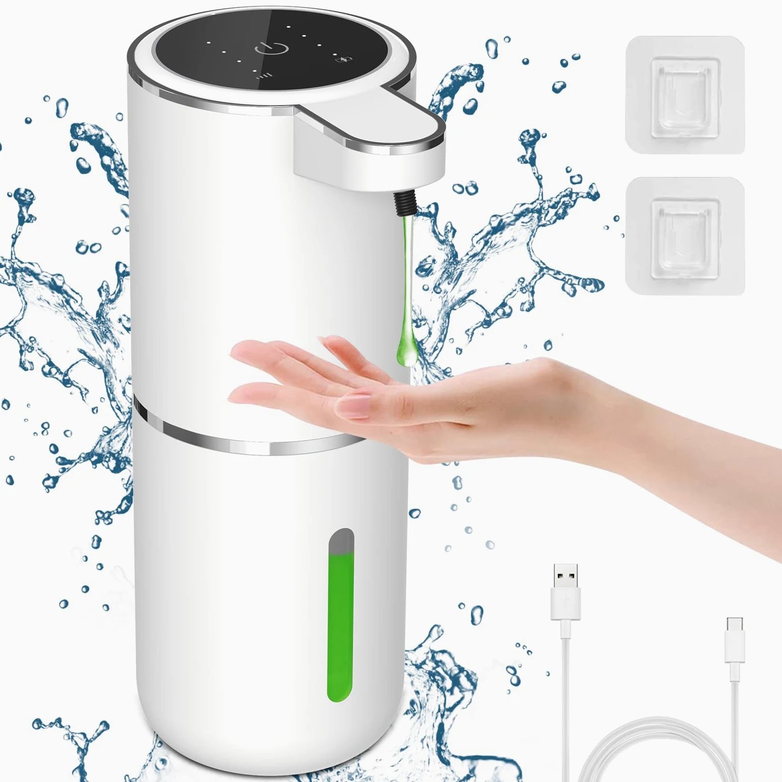Cuteefun Dispensador Jabon Automático Líquido, Pantalla de Potencia, 380ml Dispensador de Jabón Recargable, Dosificador Jabon Pared con Control de 4 Niveles, Dispensador de Jabón Eléctrico para Baño