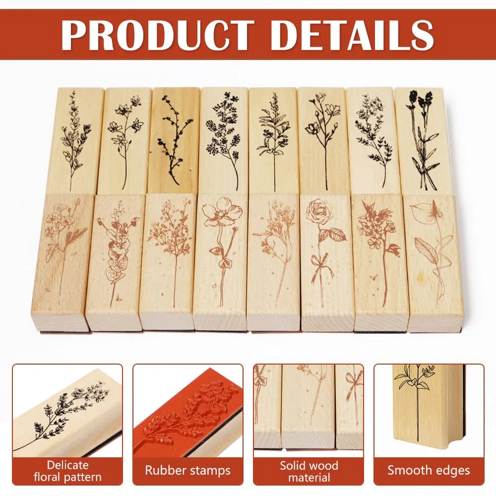 16 Piezas Sellos Madera Scrapbooking de Flores y Plantas Sellos Caucho Vintage sellos Madera Manualidades para Scrapbooking, Diario,Tarjeta