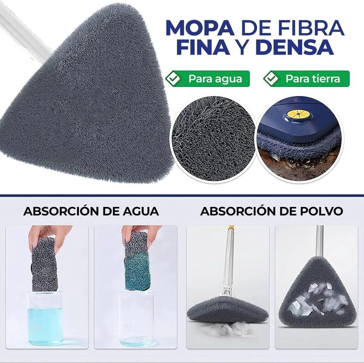 Mopa Triangular Giratoria 360 para Limpiar Suelos, Paredes, Ventanas, Techos y Muebles. Fregona Triangular Giratoria Microfibra, Función Autoescurrible, Incluye 2 Recambios