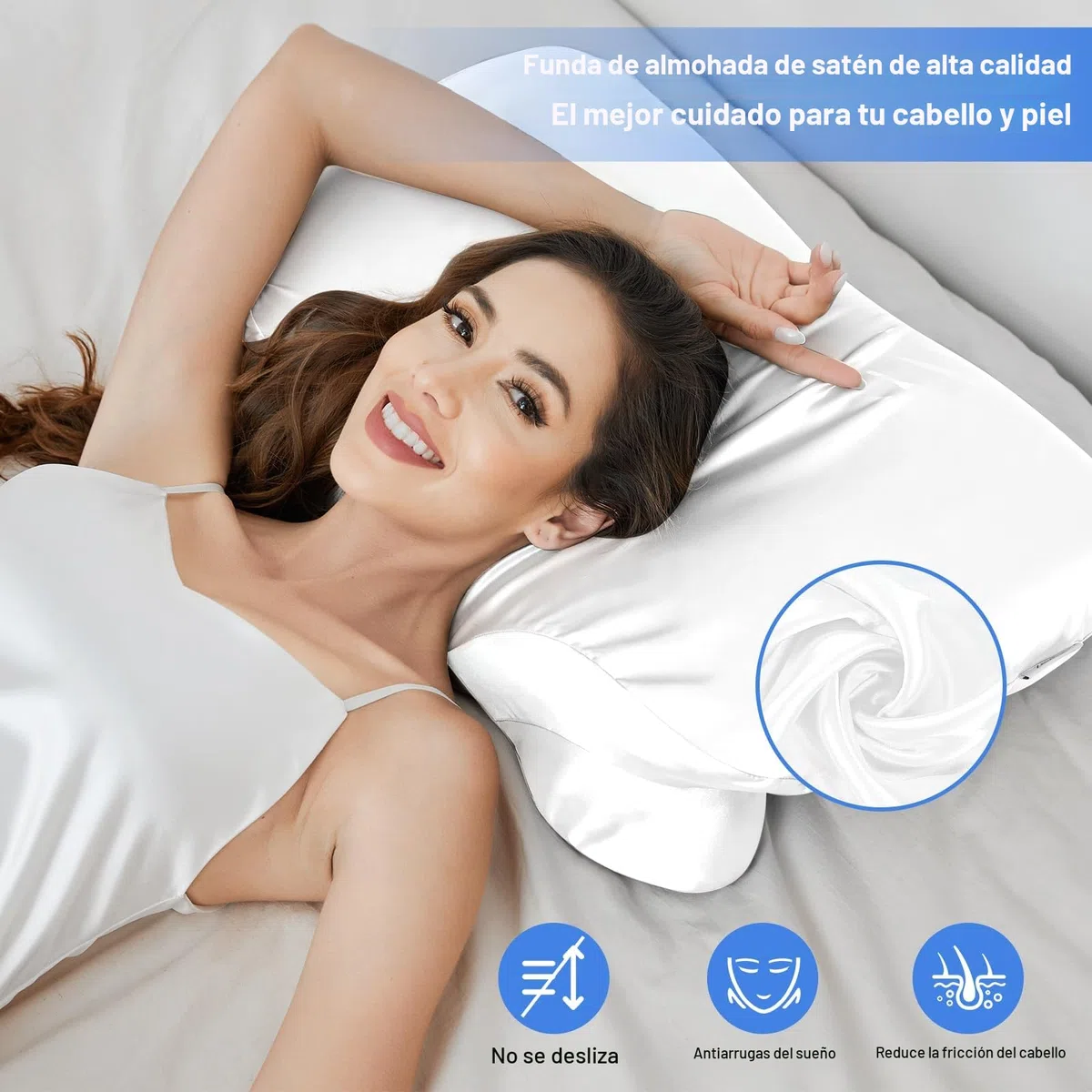Paquete de 2 Fundas de Satén para Almohadas de Espuma Viscoelástica, Fundas de Satén para Almohadas Ergonómicas, Suaves, con Cremallera Invisible, Color Blanco
