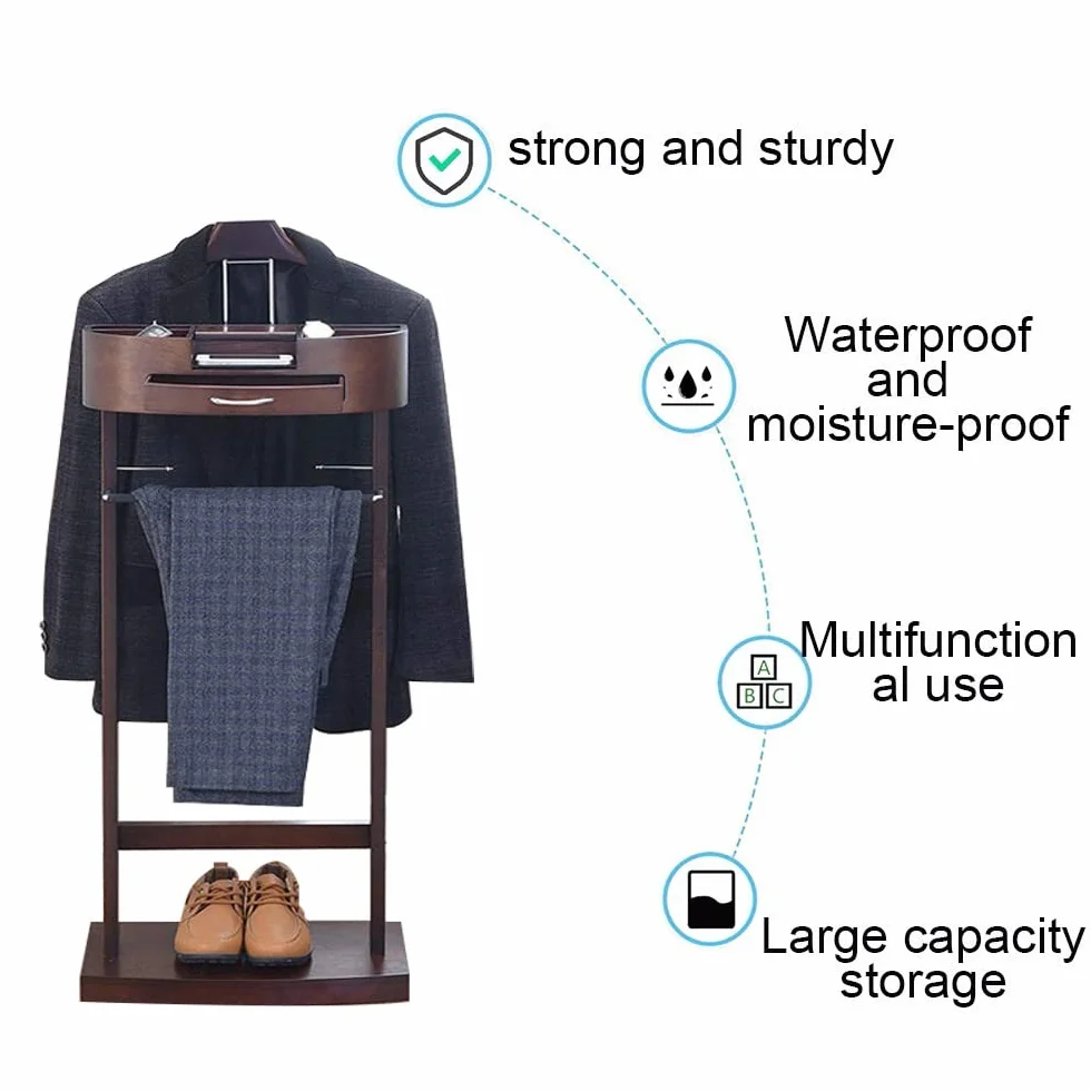 RajoNN Perchero para Trajes, Perchero con cajón y Estante, Perchero de Madera para Trajes, Perchero con Barra Antideslizante para Pantalones, Perchero de pie