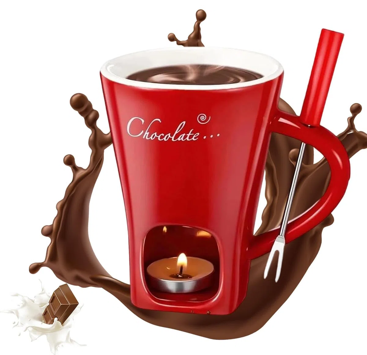 Genérico Taza para Fondue de Chocolate con Tenedores, Taza para Derretir Chocolate para Chocolate, Queso y Postres. Regalo Ideal para Citas Nocturnas, Cumpleaños, Aniversarios y Bodas (Rojo)