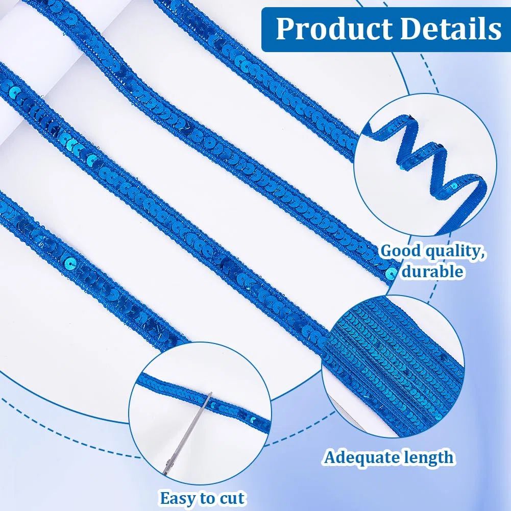 Tira de Lentejuelas Azules de 10 m Y 12mm con Purpurina, Ideal para Tapicería, Costura, Confección de Ropa, Decoración del Hogar Y Manualidades.