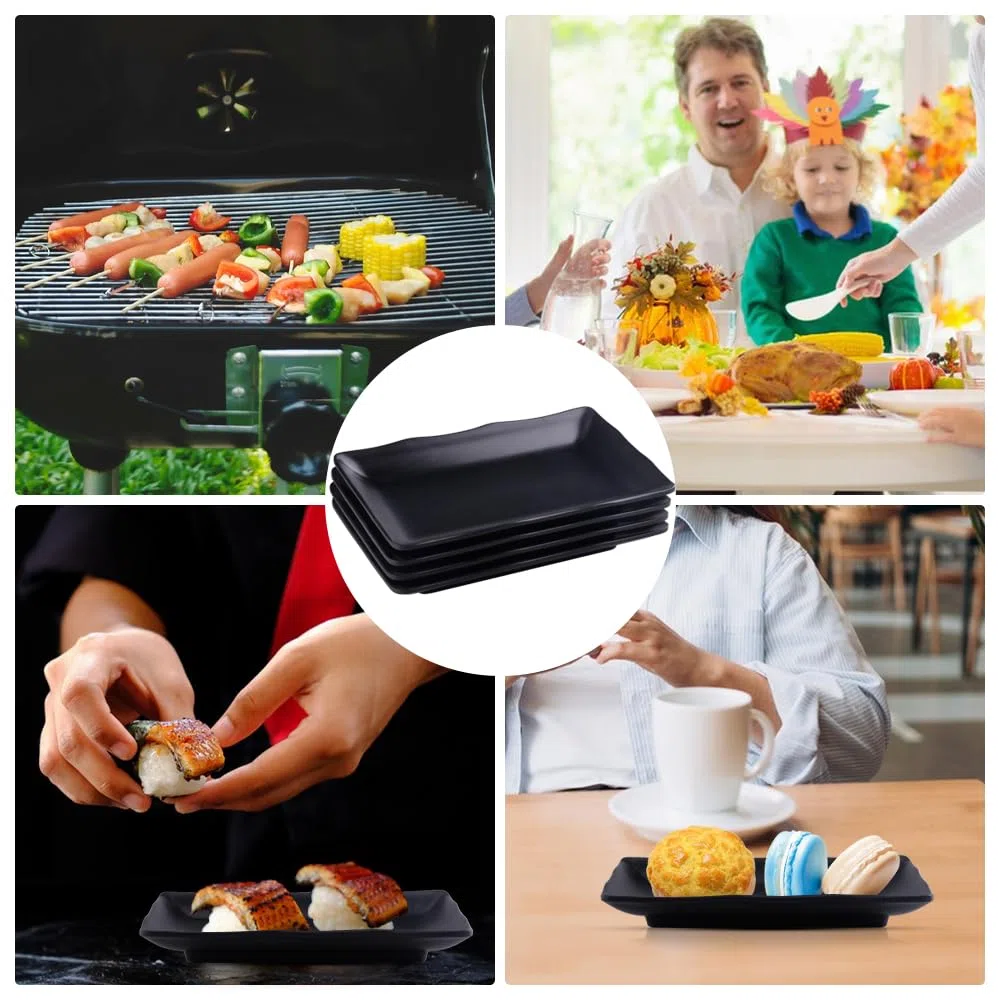 4 Piezas Platos Llanos Rectangulares, Postre Color Negro Mate Bandeja para Bocadillos, Pasteles, Ensaladas, Carne, Sushi, 20.2 x 12.5 x 2.3 cm