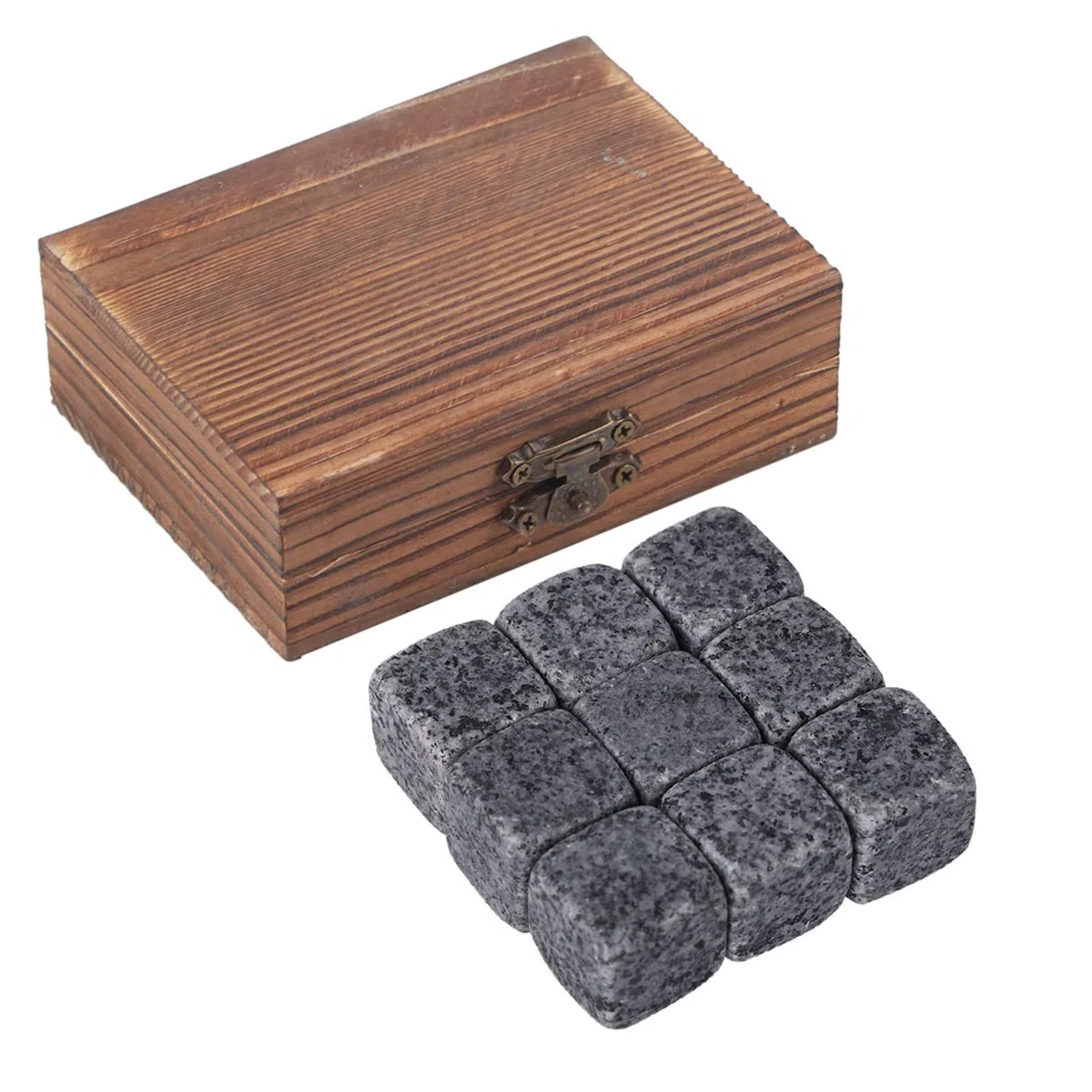 Helado. Whisky Stone 9 granito piedras frías no se derriten Mantener el sabor Ideal para cerveza, vino y cócteles, elegante en caja de madera (Szary sezam)