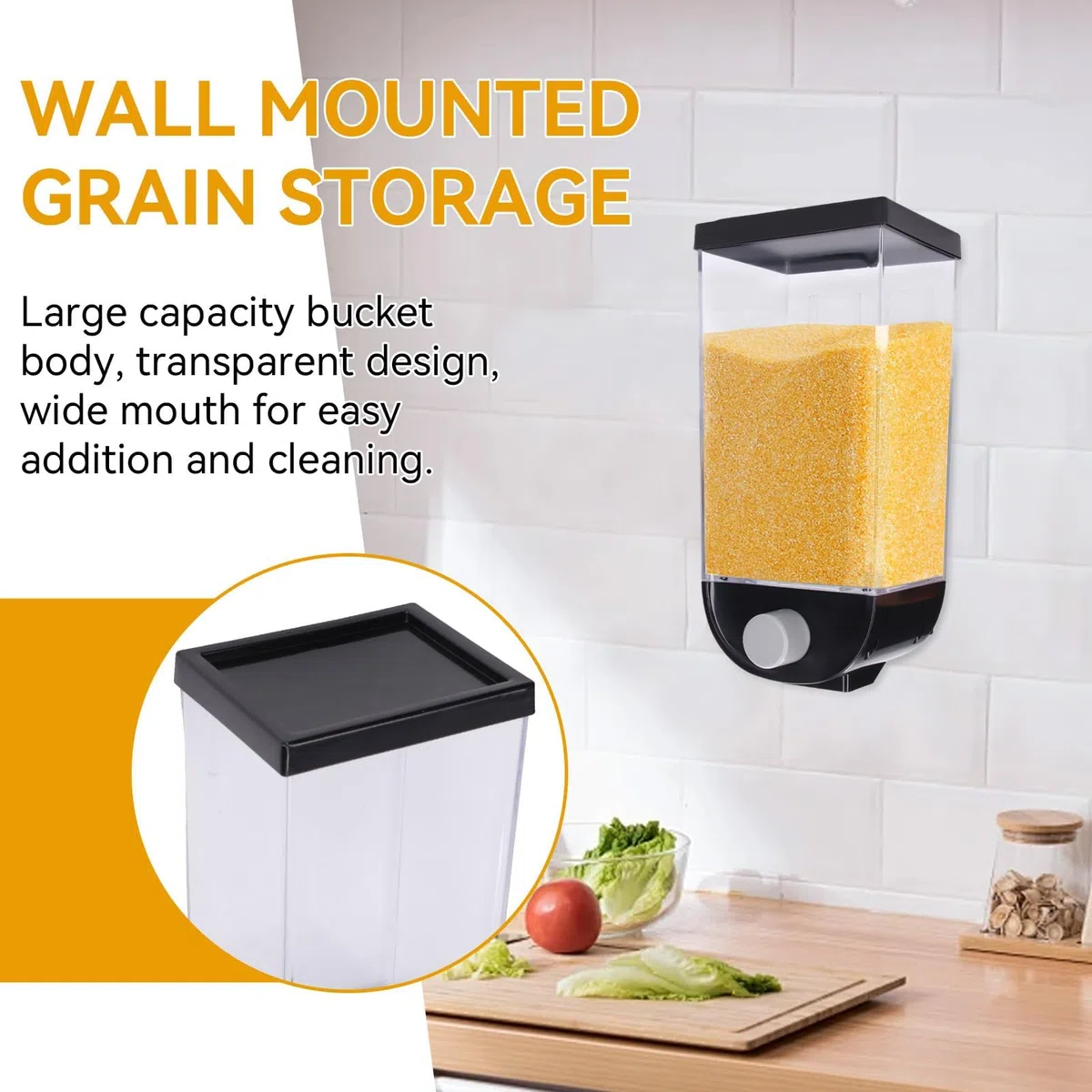 HERCHR Dispensador De Alimentos Secos y Polvo De Lavandería De 1/1.5 L - Montado En La Pared Para Cereales, Arroz y Granos - Contenedor (1.5L)