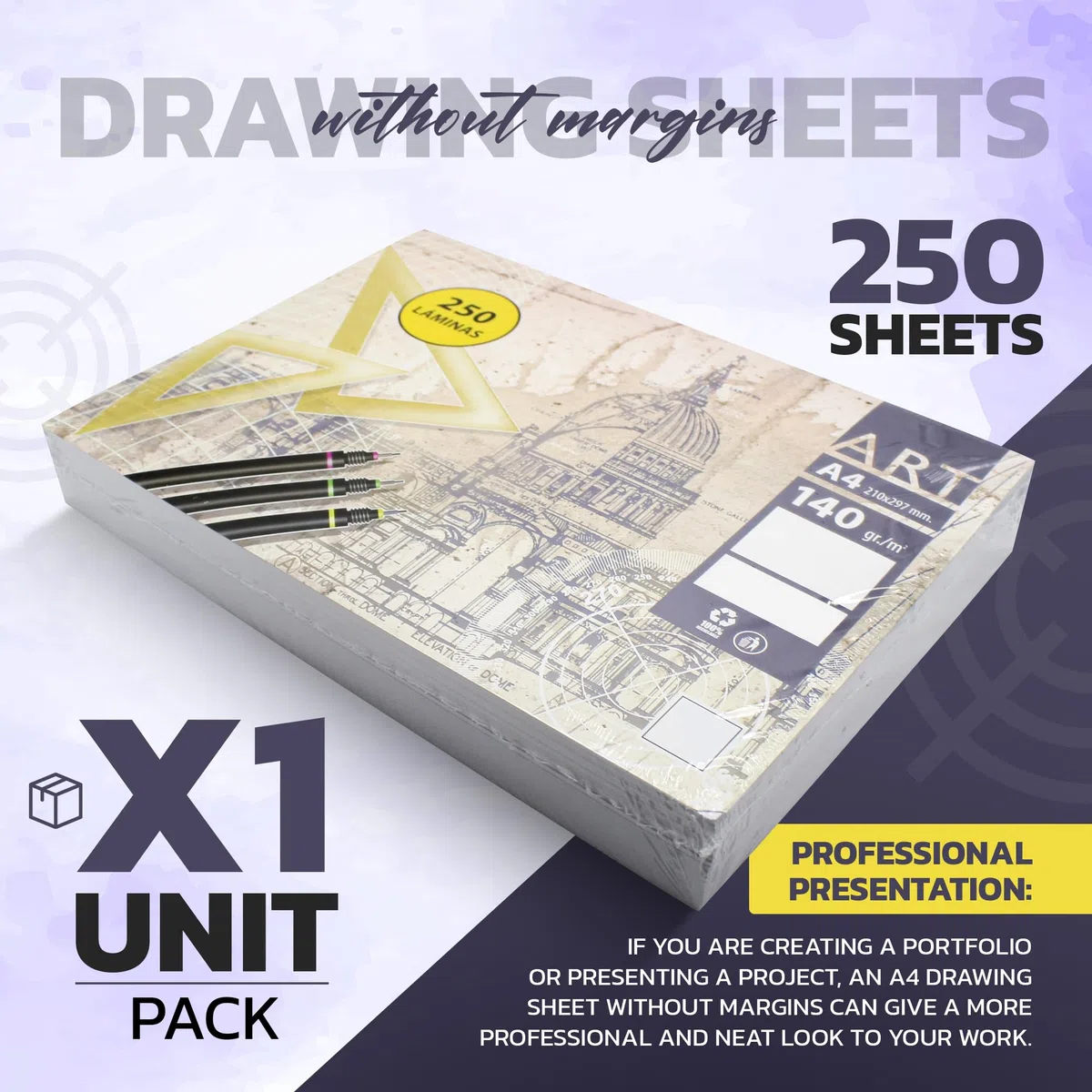 DOJA Barcelona | Laminas de Dibujo A4 | 250 Hojas | Pack 1 | Bloc de Dibujo A4 sin Margenes | Papel para Dibujo, Pintura, sin Recuadro, para Pintar, Dibujar, Escolar, Profesional...