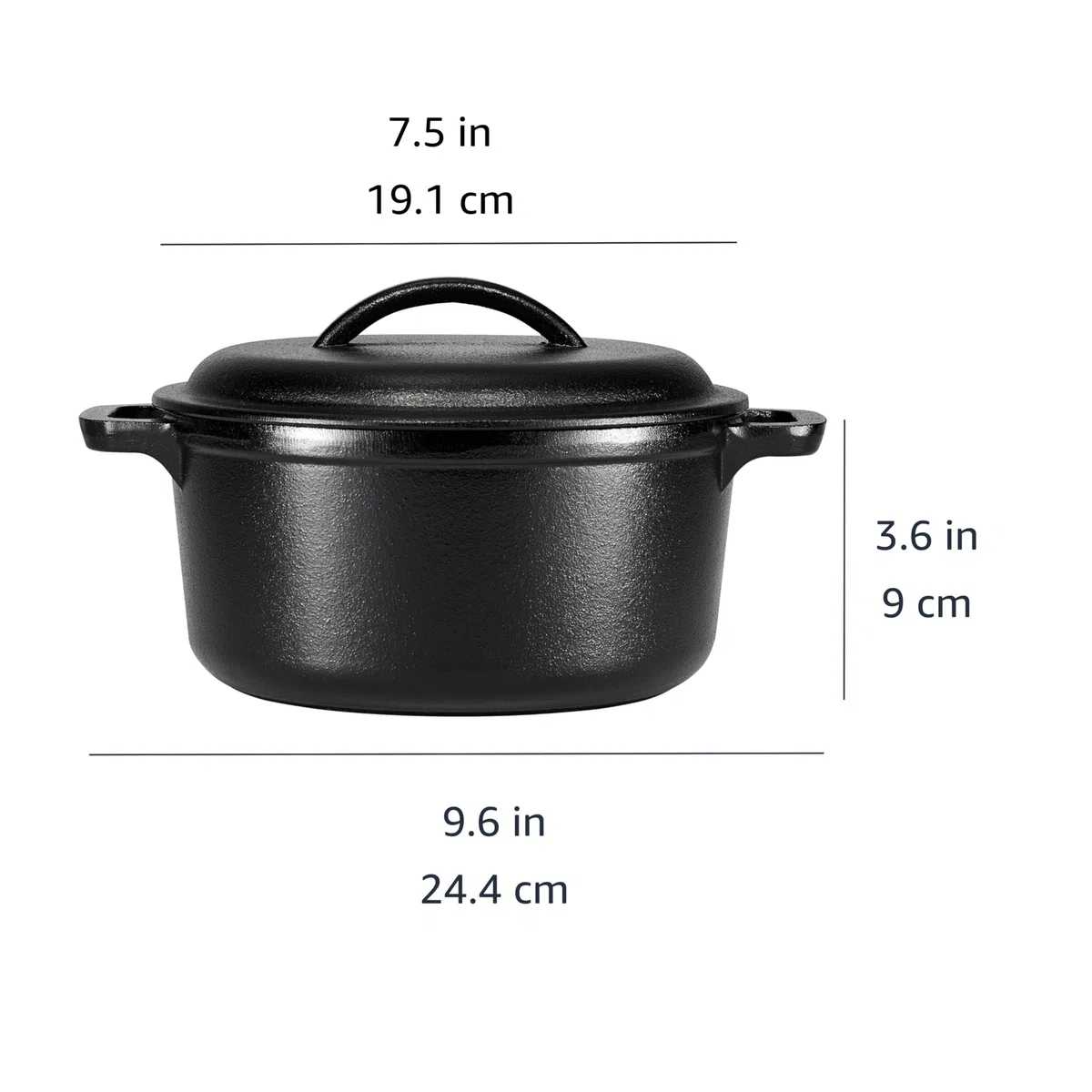 Amazon Basics Redondo Horno holandés de hierro fundido pretratado con asa doble, 1.89 l, Negro