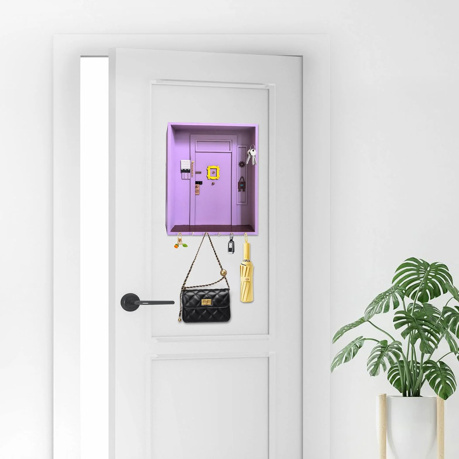 Friends Monica'S Door Wall Key Holder, Friends Key Hooks Con Espacio De Almacenamiento Y 6 Ganchos Colgador Llaves Pared Para Amantes De Los Programas De TelevisióN Para BañO Sala De Estar (Morado)