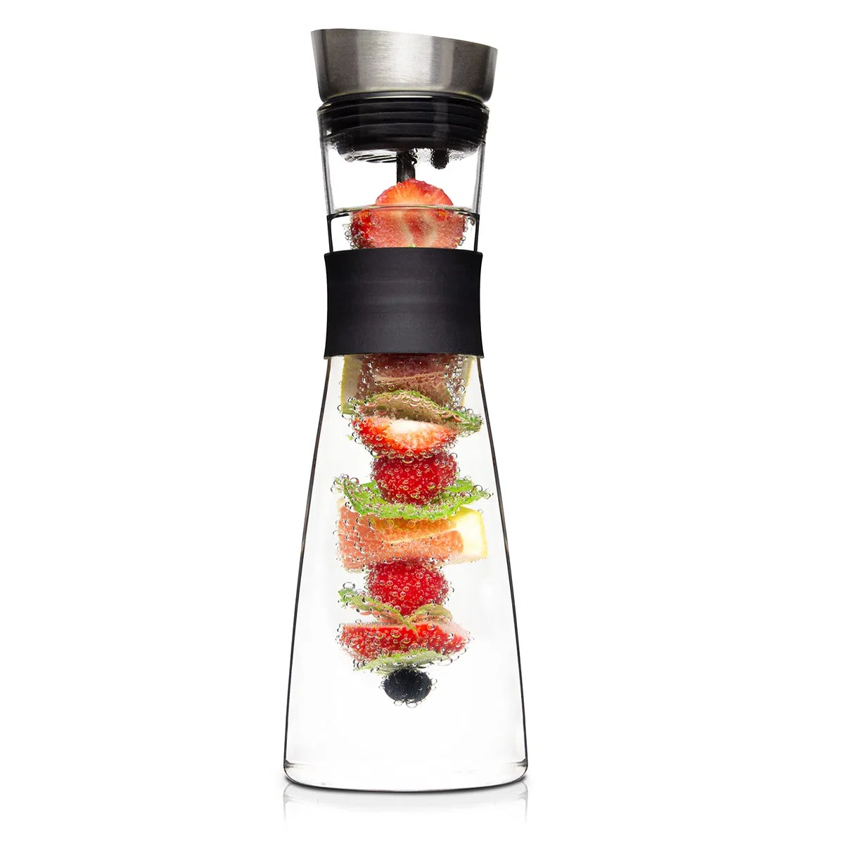 Jarra Agua Cristal (1L), Brocheta de Fruta con Tapón Extraíble, Tapa de Acero Inoxidable, Jarra de Agua de Vidrio Borosilicato, Asa Silicona, Apta lavavajillas, Libre de BPA