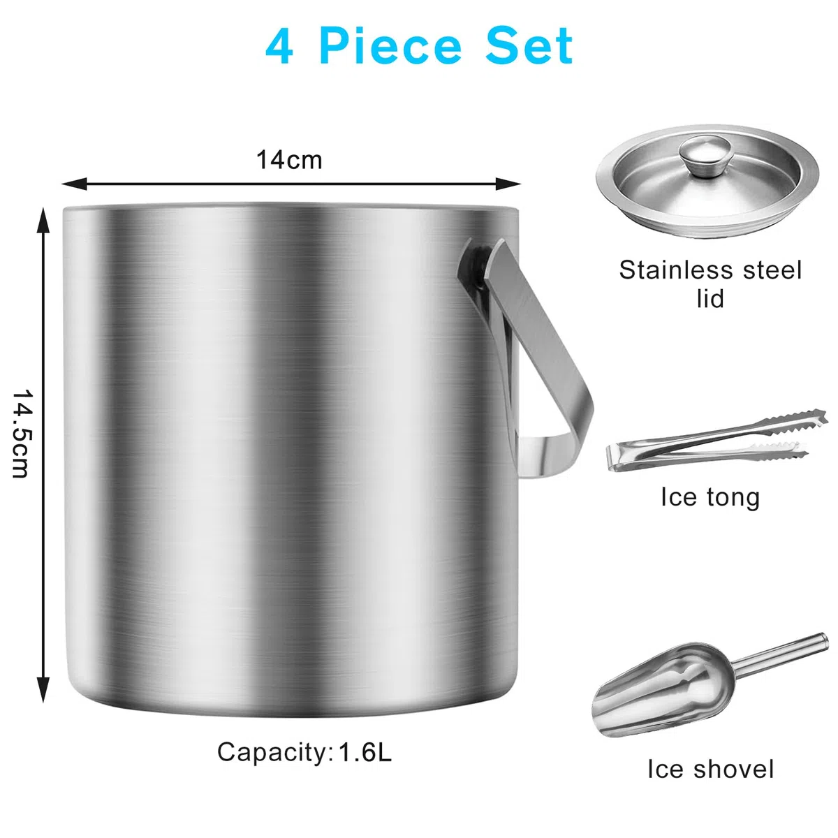Cubitera de acero inoxidable, cubo hielo de 1,6 l con diseño de doble pared, recipiente para cubitos, pala de hielo y pinzas, enfriador portátil
