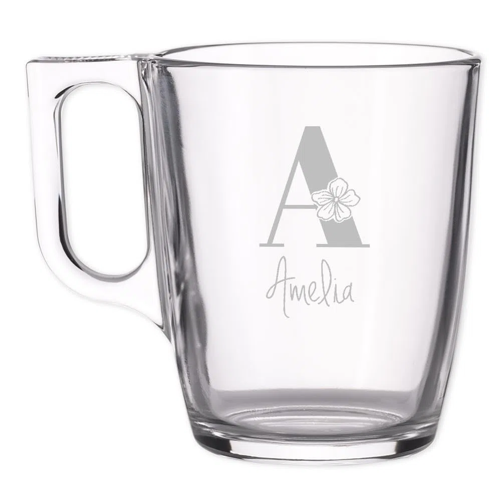 Wanapix | Taza de Té Personalizada con Nombre Grabado | Tazas de Cristal para infusiones | Capacidad 25 cl | Vidrio templado extra resistente | Aptas para Lavavajillas y Microondas | Inicial flor