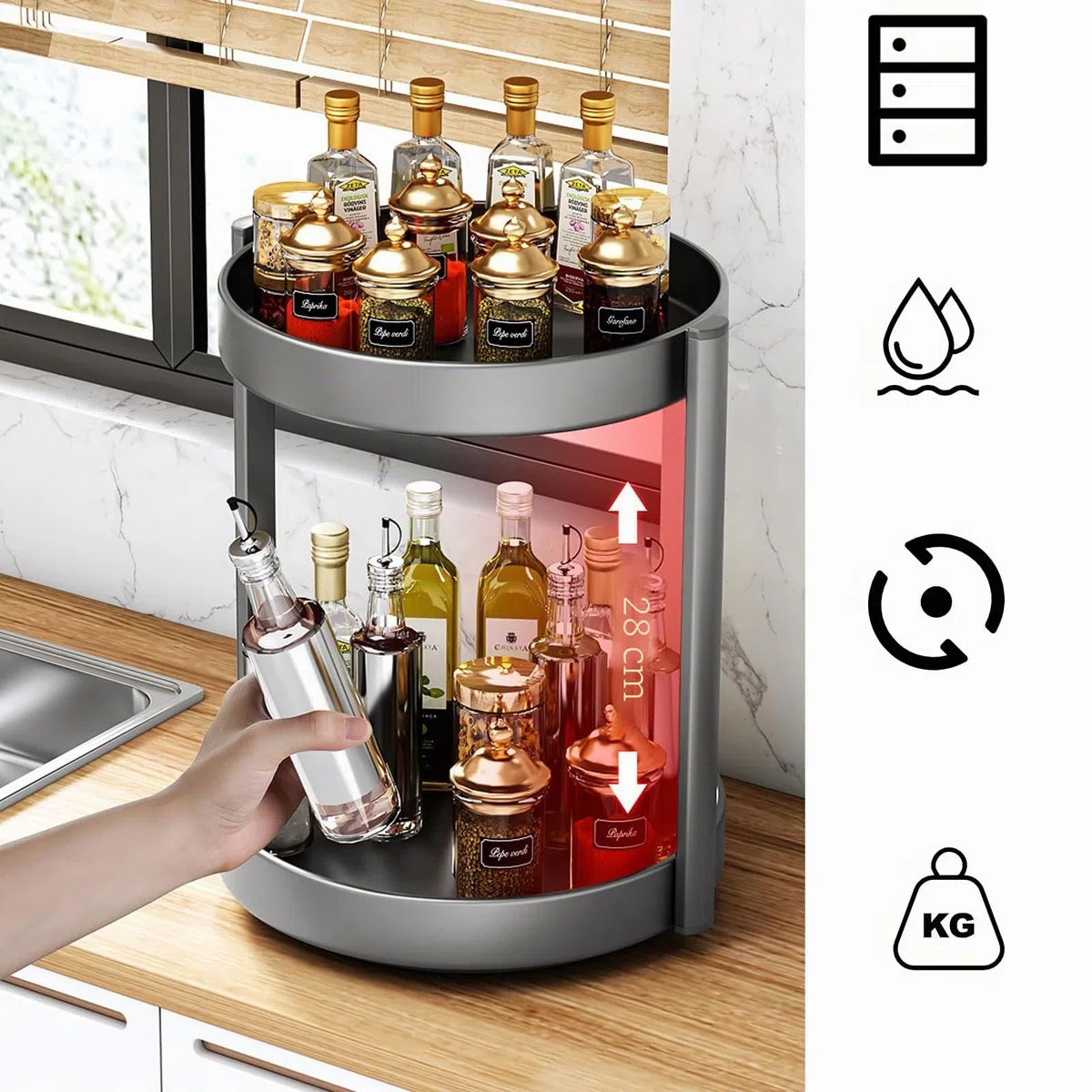 Especiero Giratorio Organizador Especias Cocina Metal Bandeja Giratoria 2 Niveles Lazy Susan Plato para Armario Organizador de Maquillaje (Negro, 2Tiers)