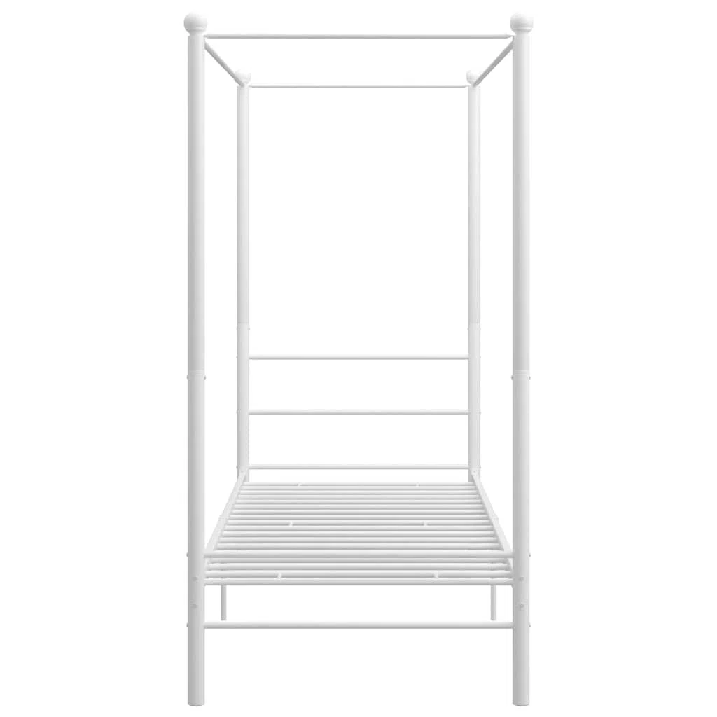Cama con dosel de metal blanco, 100 x 200 cm, elegante estructura de cama con recubrimiento de polvo para mayor resistencia y durabilidad, 208 x 106 x 201 cm
