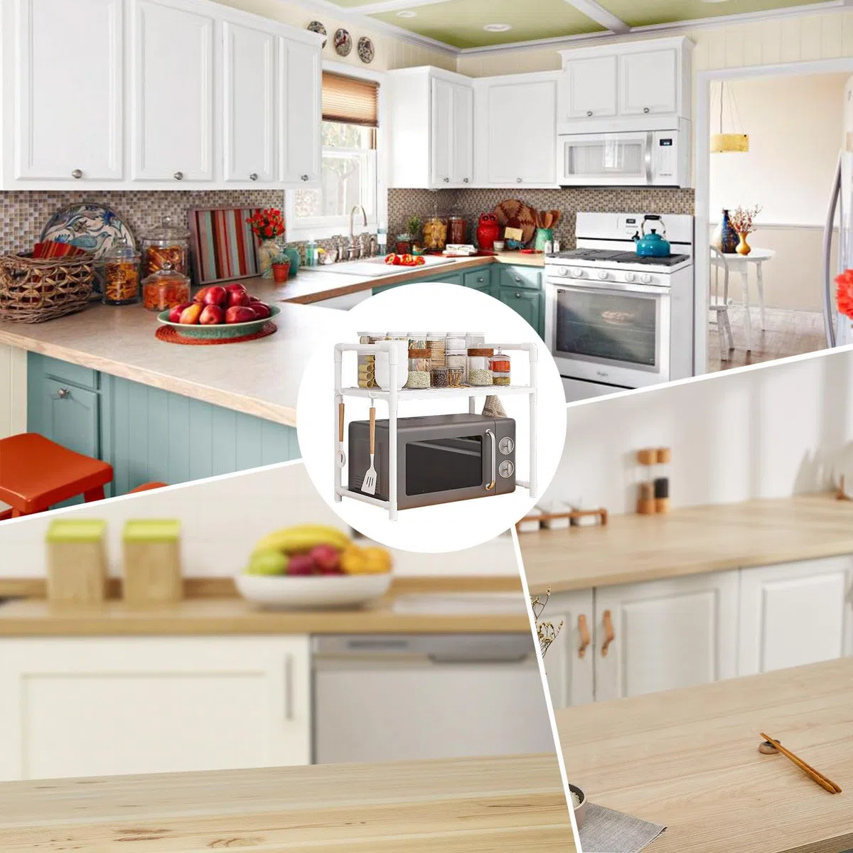 2/3 Niveles Organizador Microondas Metal, Ajustable Estante De Almacenamiento Cocina Microondas, Soporte Para Microondass Y Horno Cocina Con 4/8 Ganchos, Organizador Para Encimeras De Cocinas