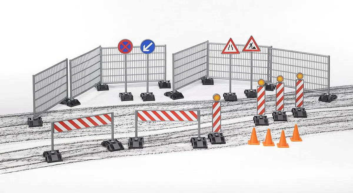 bruder 62007 - Accesorios Kit de construcción, vallas, señales y pilones - 1:16 Obras, Construcción de carreteras, Obras públicas, Vehículos de construcción, Juguetes