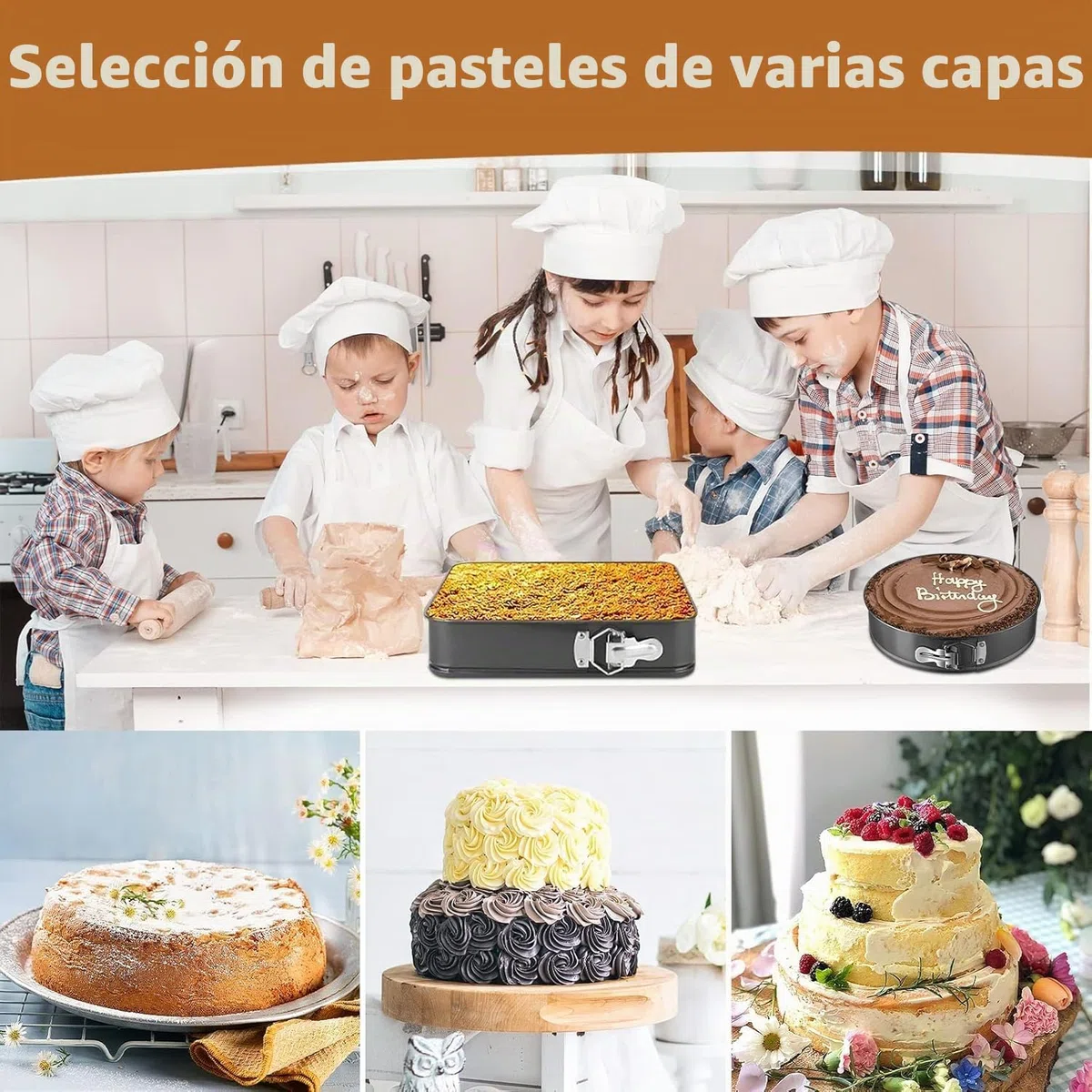4 Piezas Moldes Reposteria, Desmontable de Molde Bizcocho 16/20cm redondos y 22/26cm cuadrados, Molde Tarta con Revestimiento Antiadherente para Cumpleaños/Bodas/Hogar