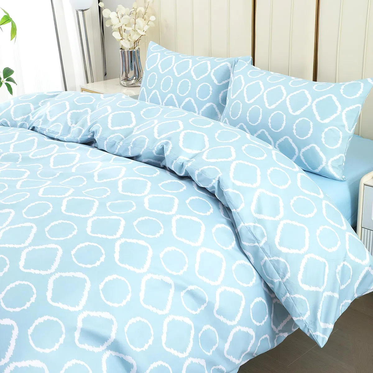 Juego Funda Nórdica 4 Piezas para Cama 135 - Funda Nordica 220x220cm, Bajera 135x200cm, 2 Fundas Almohada 50x75cm, Estampado Círculos Azul Claro, Microfibra Suave Transpirable