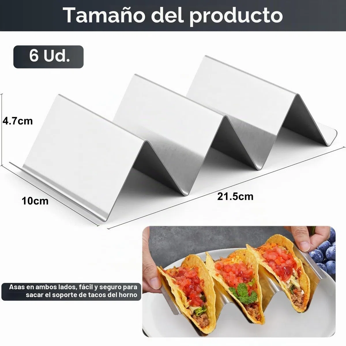 LATERN 6 Piezas Soportes para Tacos, 21CM x 10CM Soporte para Tacos de Acero Inoxidable Bandeja Vertical para 3 Piezas Tacos Elegantes Soportes con Asas - Apto para Horno, Parrilla y Lavavajillas