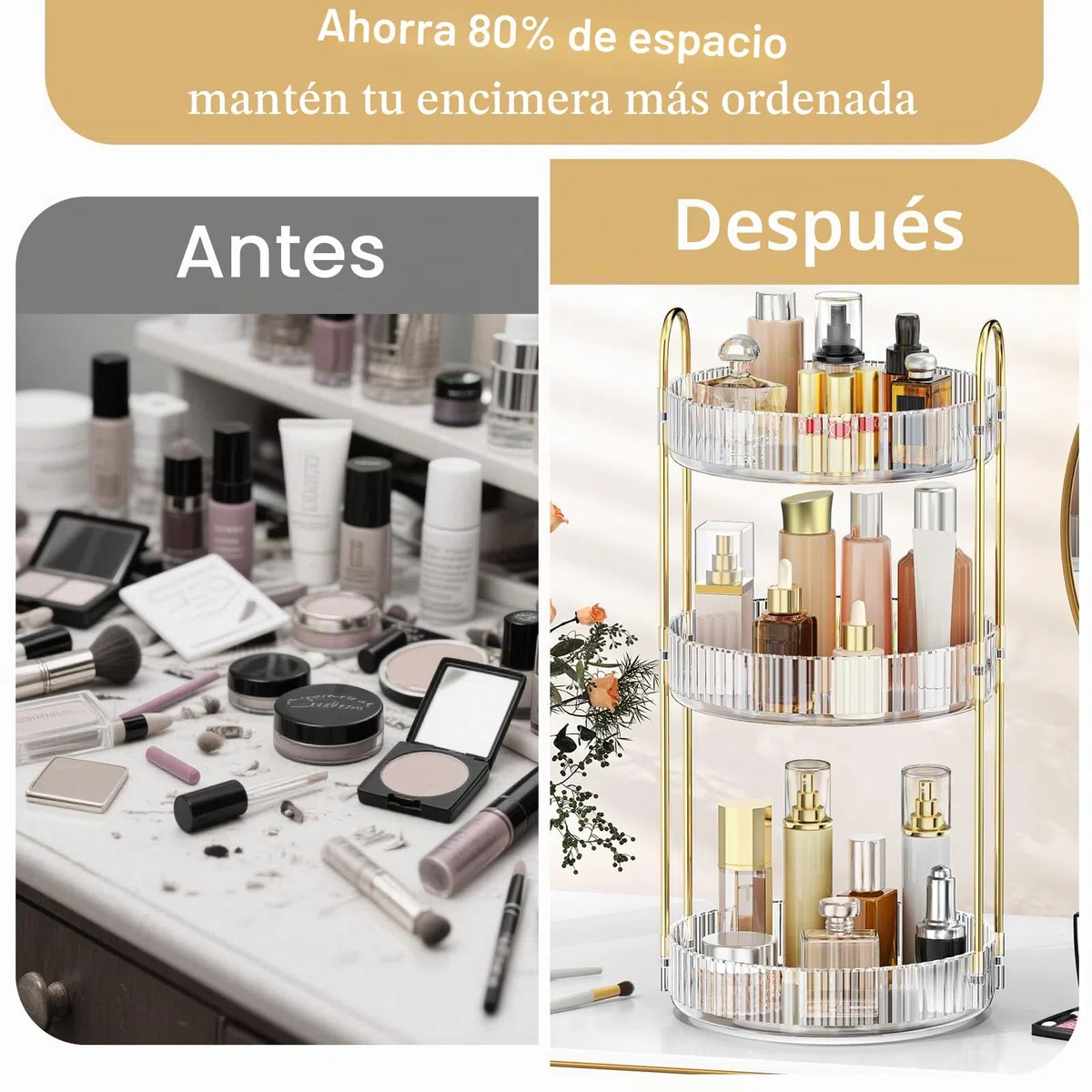 MOKANI Organizador de maquillaje giratorio de 360 grados para tocador, organizador de perfume ajustable de 3 niveles para tocador, almacenamiento multifunción para el cuidado de la piel para