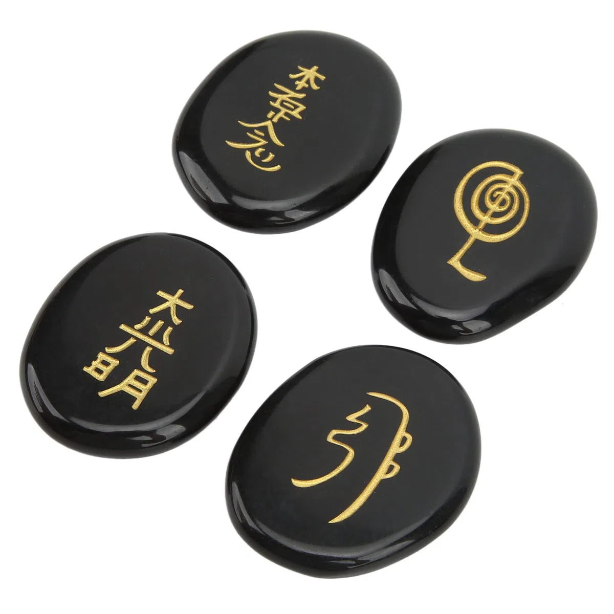 4 Piedras de Símbolos de Reiki, Símbolos de Chakra Grabados, Piedras Pulidas, Superficies Más Lisas, Piedras de Reiki Grabadas para Decoración del Hogar, Regalo de Adorno(Obsidiana)
