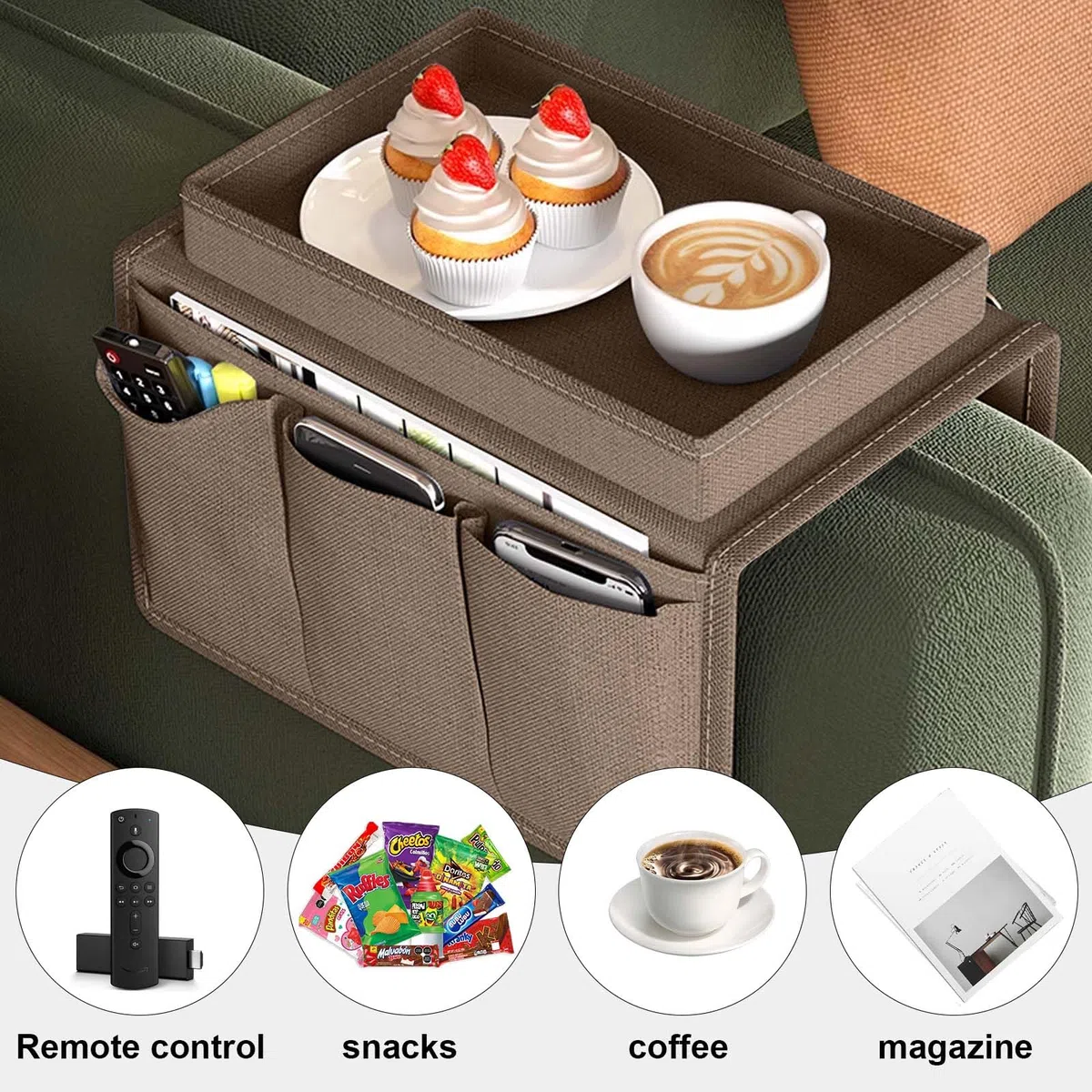 Colexy Organizador de Reposabrazos de Sofá con Bandeja, Soporte para Mando a Distancia de TV Bolsa de Almacenamiento del Sofá, Bolsa para Sofá para la Libros, Merienda, Gafas, Revistas (Café)