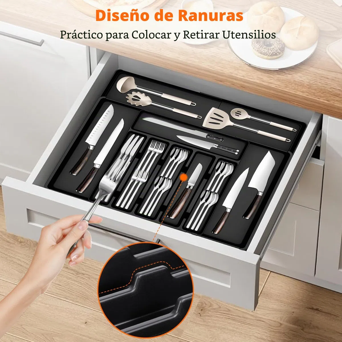 Organizador de Cubiertos, Organizador Cubiertos Expandible Para Cajon Con 10 Compartimentos, Bandeja Cuberteros para Cajon Cocina, Compacto para Cucharas Tenedores Cuchillos