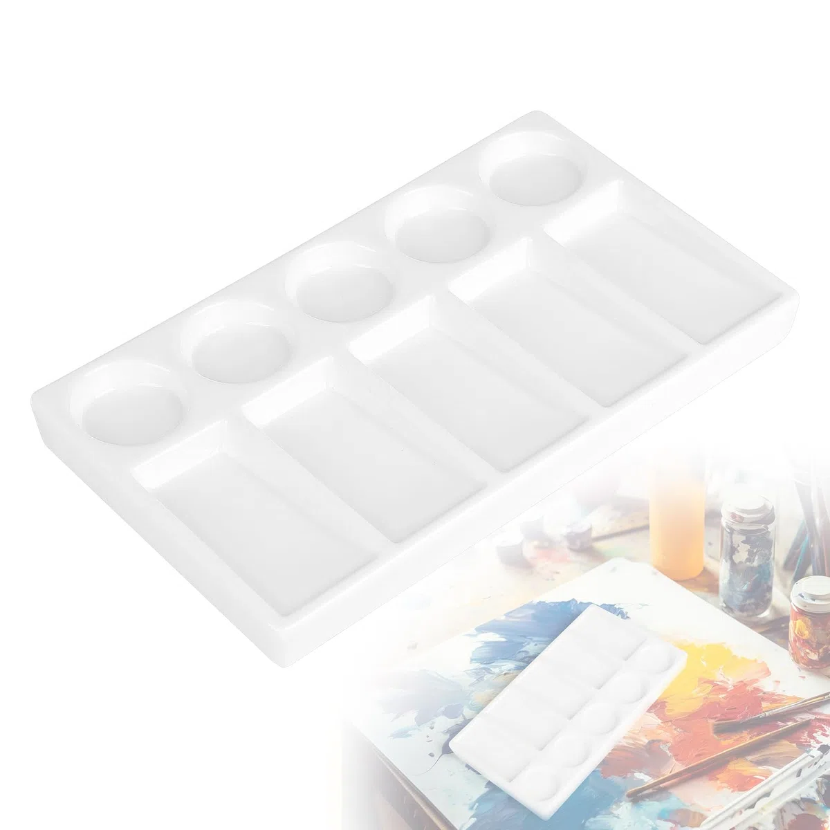 Paleta de Mezcla de Cerámica 10 Pozos Blanca, Bandeja de Porcelana Rectangular, Paleta de Pintura Rectangular de Cerámica para Acuarela Gouache Acrílico Pintura al Óleo 19,3 x 11cm