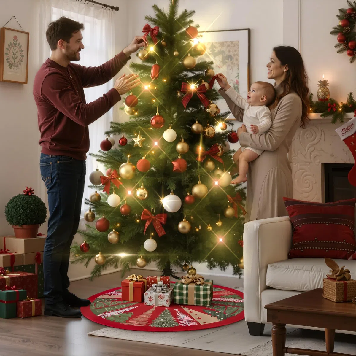 Lanpn Falda Cubre Pie para Arbol de Navidad de 90cm, Grande Terciopelo Árbol de Navidad Redondas, Cubiertas para Base Alfombra para Decoración Navideña de Interiores (Rojo)