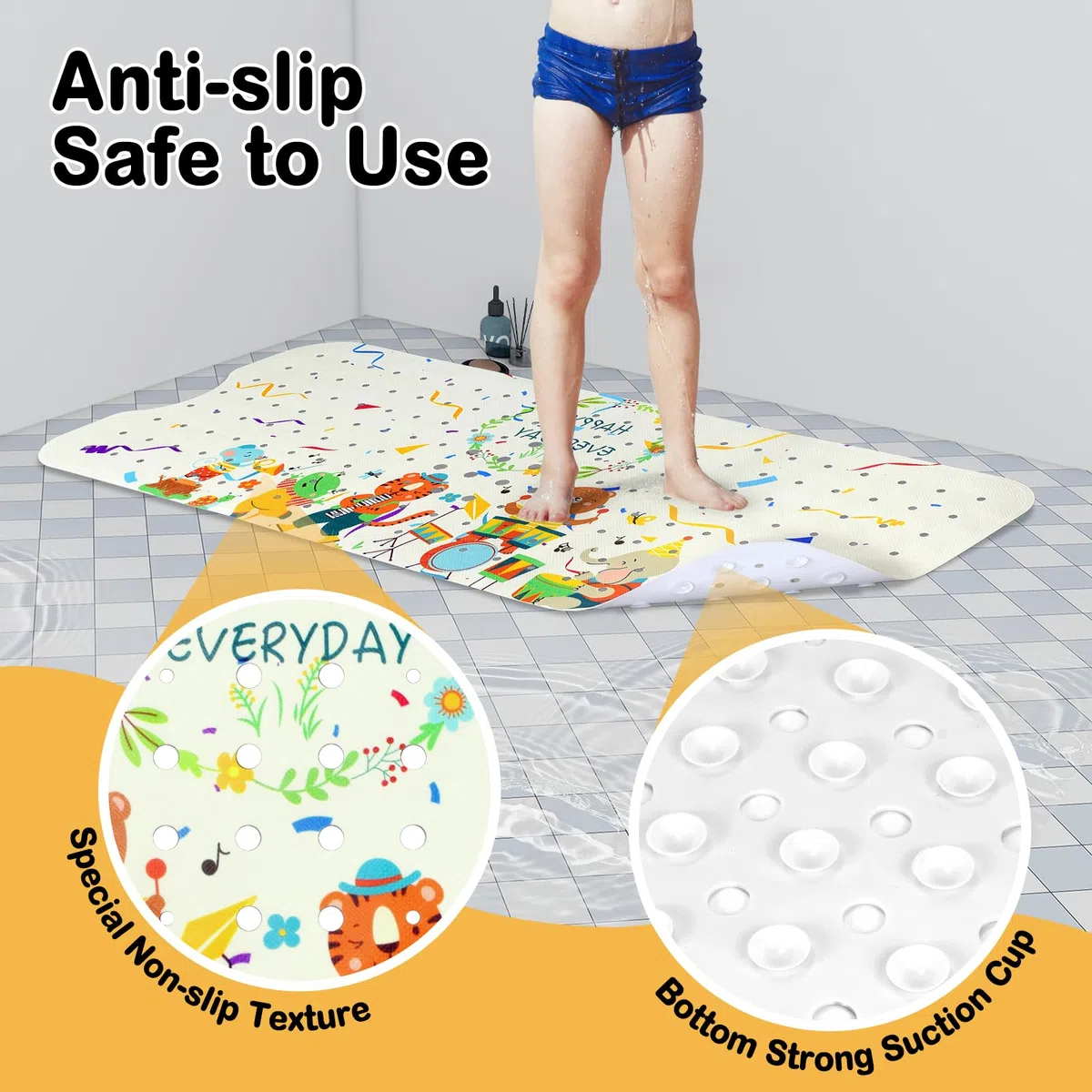 Alfombra Bañera Antideslizante Infantil, 100x40cm Bebe Alfombrilla Baño de PVC sin BPA, Alfombra Ducha con Ventosas, Bathtub Mat Niños, Lavable a Máquina