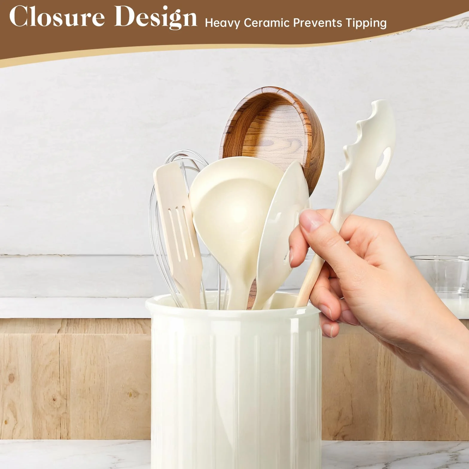 PAVSTINE Soporte Utensilios Cocina de Cerámica, 13,4 x 11 cm Bote para Utensilios, Relief Porta Cubiertos para Encimera Cocina, Superficie Acristalada Brillante, Blanco