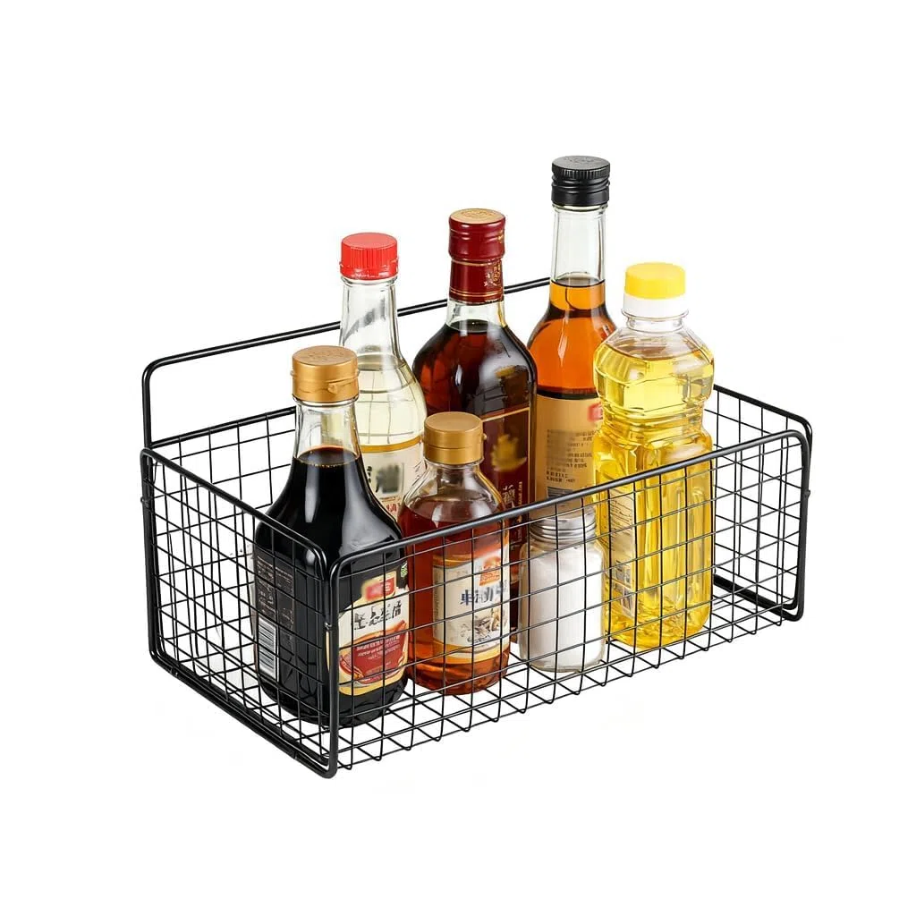 Cesta colgante de metal, 1 unidad, color negro, cesta de pared sin taladrar, cesta de almacenamiento para cocina, baño, despensa, dormitorio, estante de armario, cesta de alambre para montaje