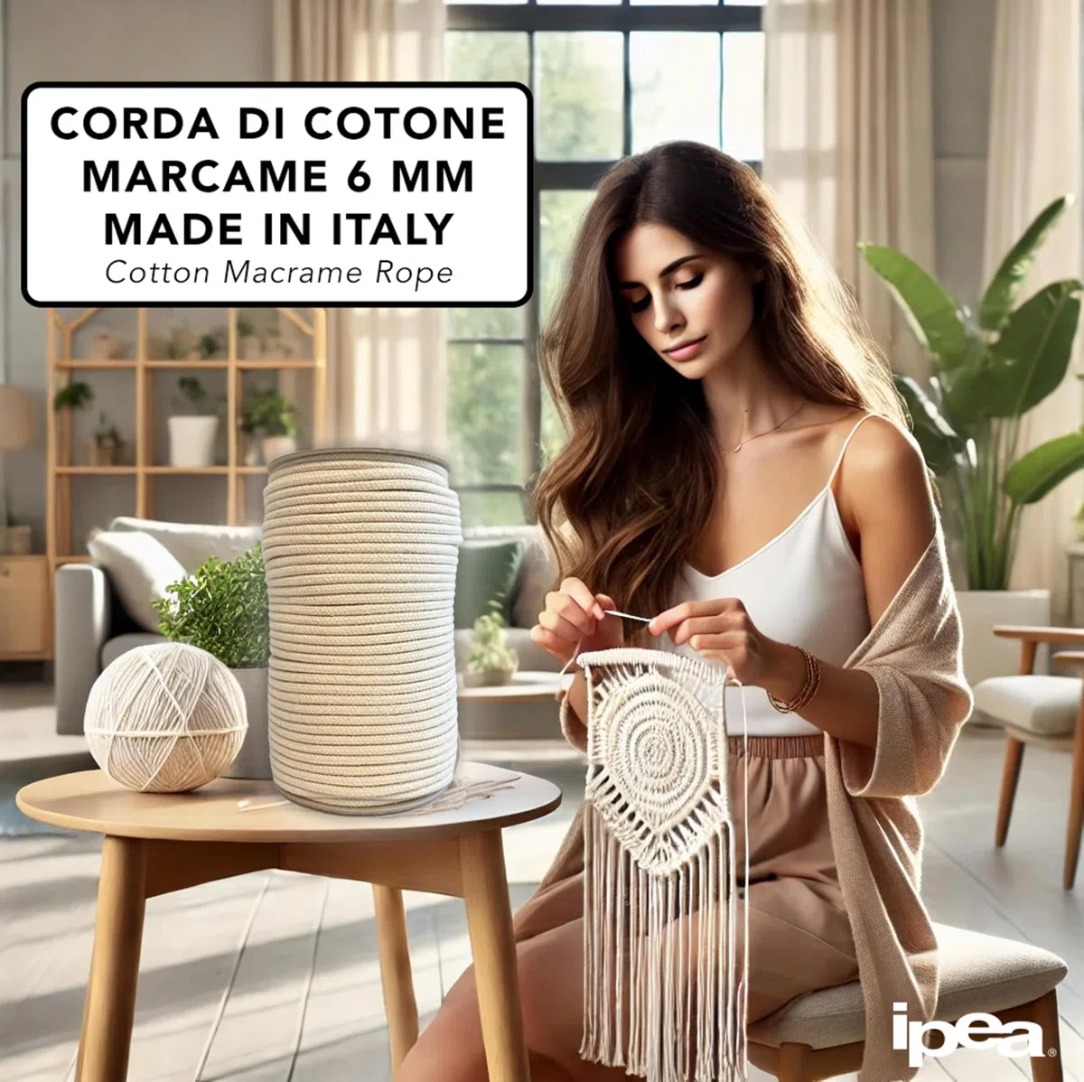 IPEA Hilo Macrame 6 mm x 100 Metros – Rollo Súper Largo – Cuerda de Macrame para Decoraciónes, Manualidades, Trabajos Artesanales y Colgantes – Hilo de Coser – Color Natural