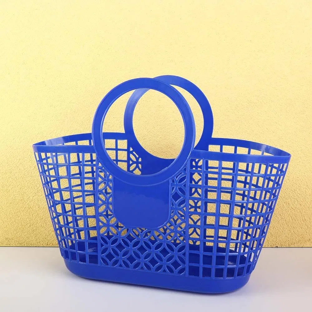 Cestas de compras huecas, bolsos de playa reutilizables, bolso de playa de plástico de color, cesta de almacenamiento de verduras portátil, cesta de baño y ducha (amarilla)
