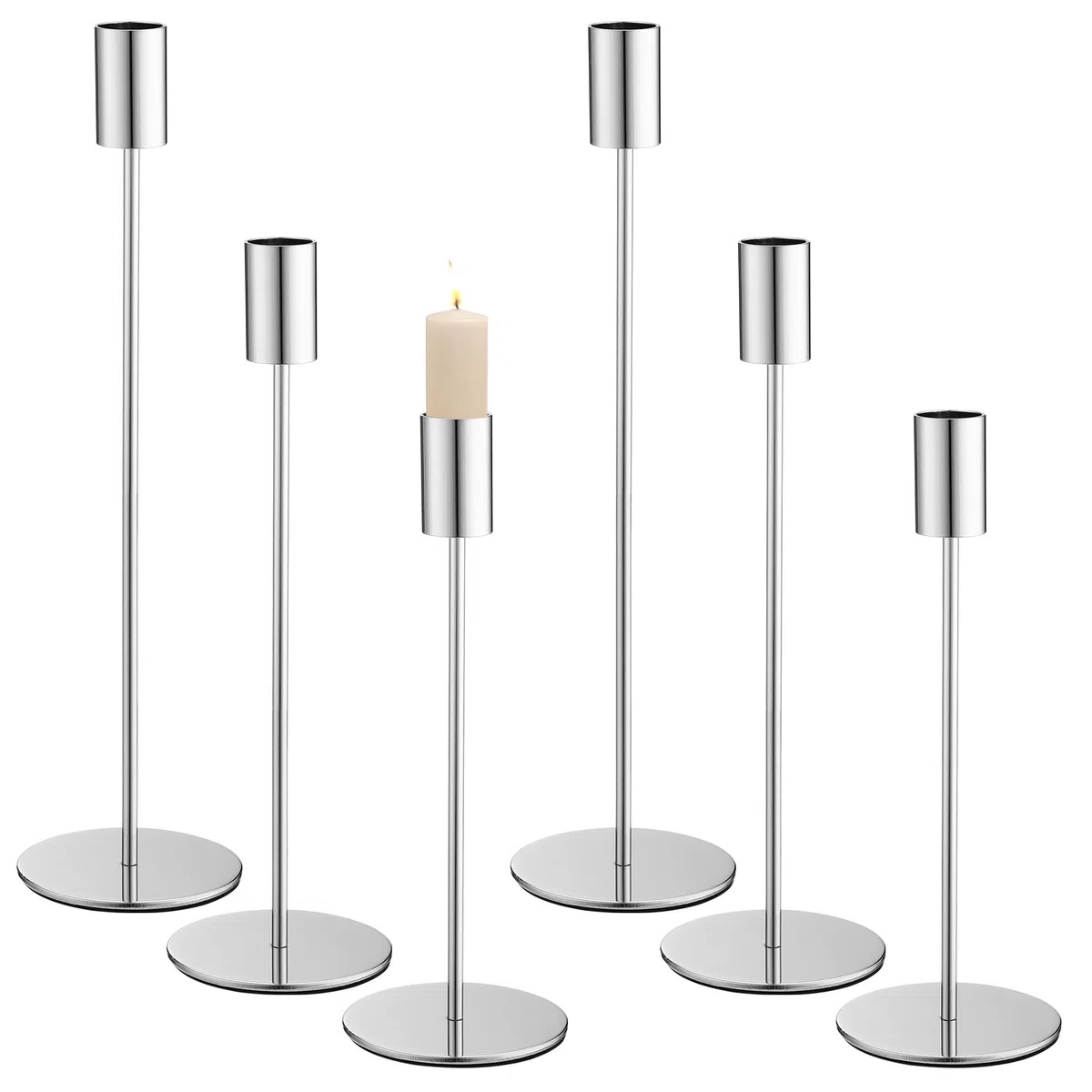 Juego de 6 Candelabro Plata,33/28/23 cm,3 Candelabro Cilíndrico de Diferentes Alturas, Decoración del Hogar, Cenas,Boda, Navidad, Fiestas