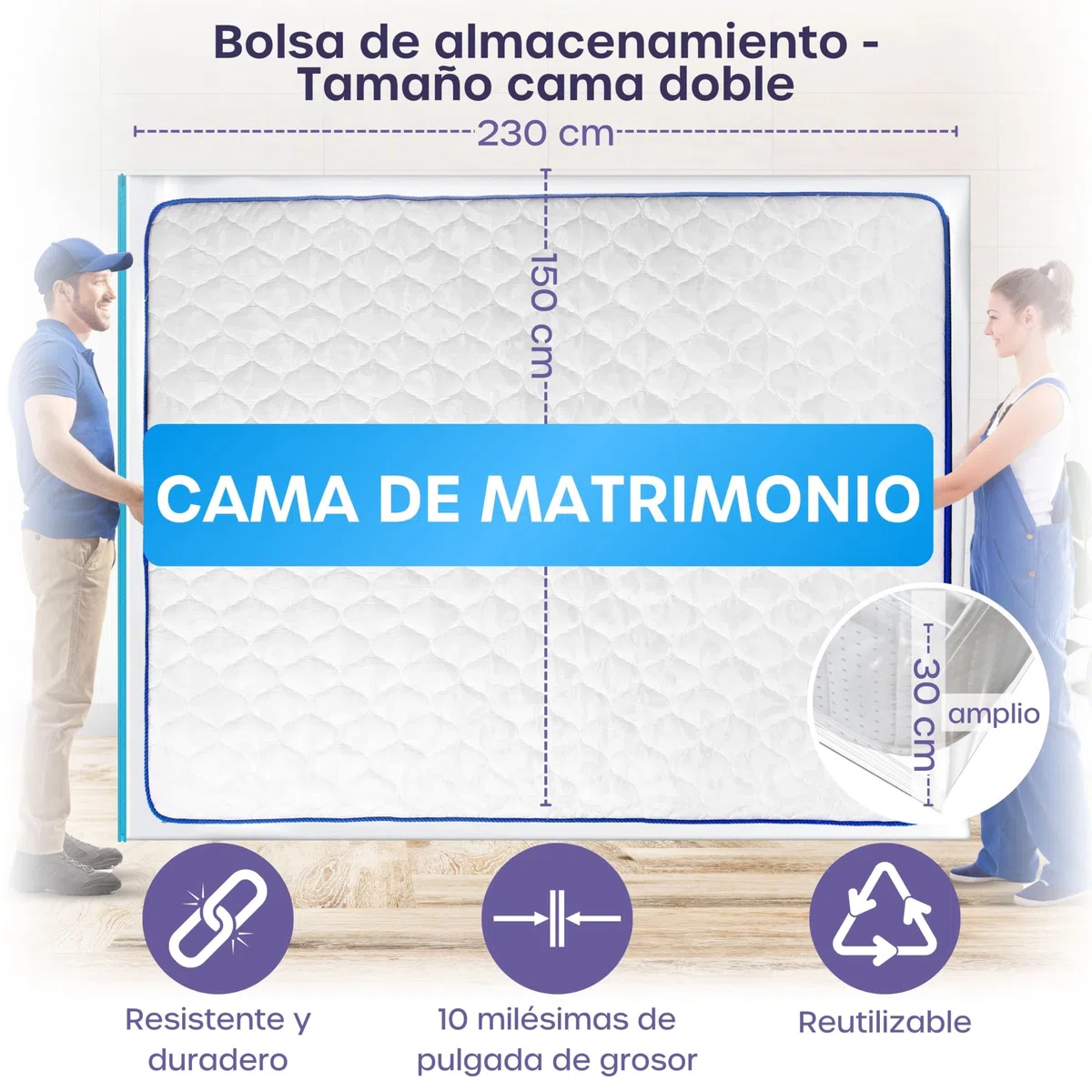 Bolsa de Almacenamiento para Colchón Matrimonial con Cremallera - 1 Unidad de Funda Impermeable para Colchón para Mudanzas - Bolsa para Proteger Colchones de Manchas, Polvo y Daños por Plagas