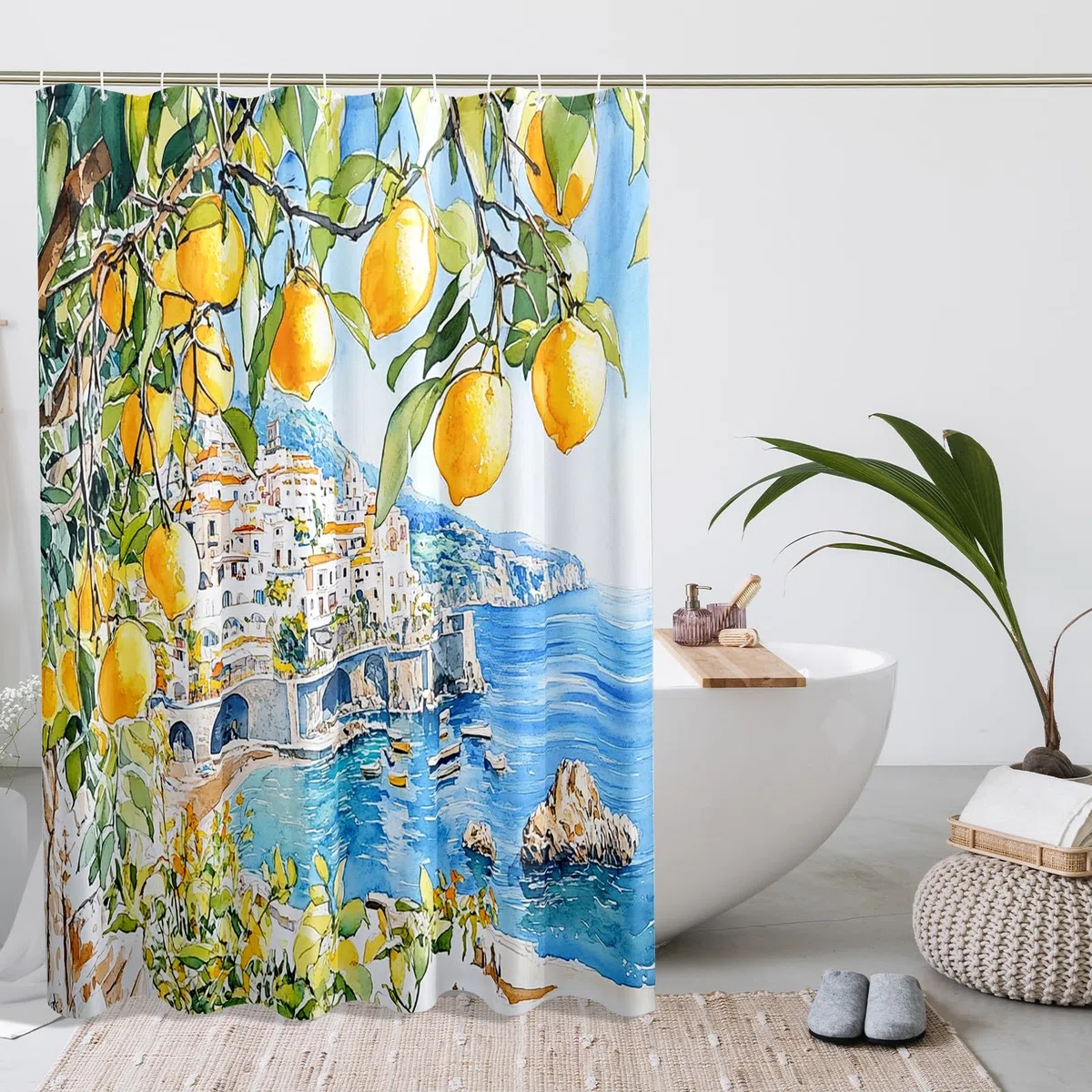 Cortina de ducha de limón, cortina de ducha de acuarela amarilla cítrica para decoración de baño, estilo moderno costero, cortina de ducha de tela impermeable con ganchos, 72 x 78 pulgadas