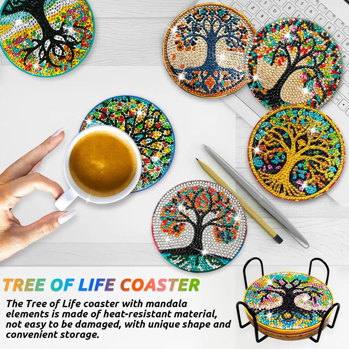 Posavasos de Arbol de la Vida Pintura de Diamantes,8 Piezas DIY Mandala Arte de Manualidades con Soporte,Posavasos para Bebidas,Café y Té de Bar,Kits de Principiantes Adultos Niños