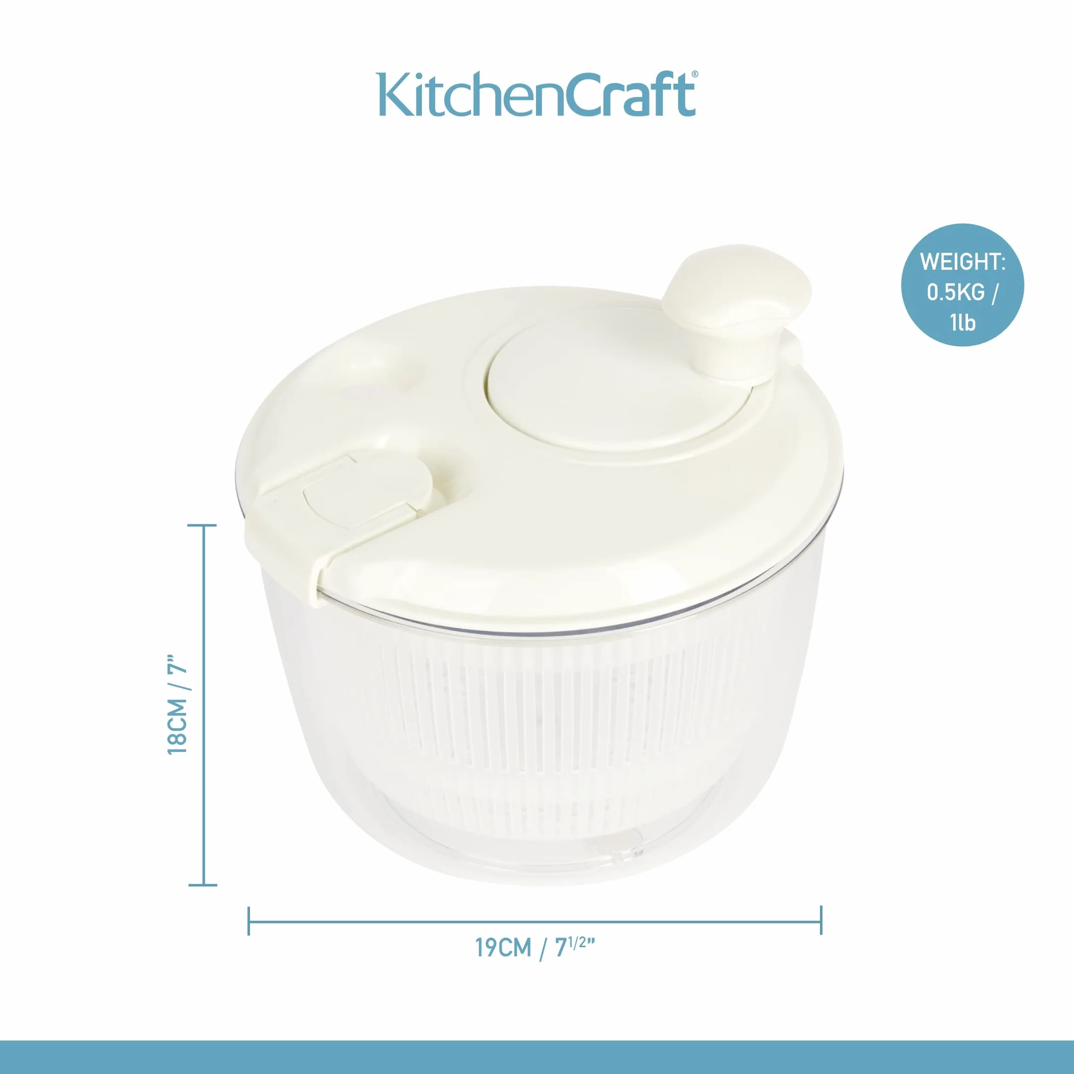 KitchenCraft Mini Ensaladera Giratoria para Escurrir y Colar el Agua Antes de Aliñar, Secado Rápido, Plástico de Seguridad Alimentaria, Apto para Lavavajillas, 19 cm