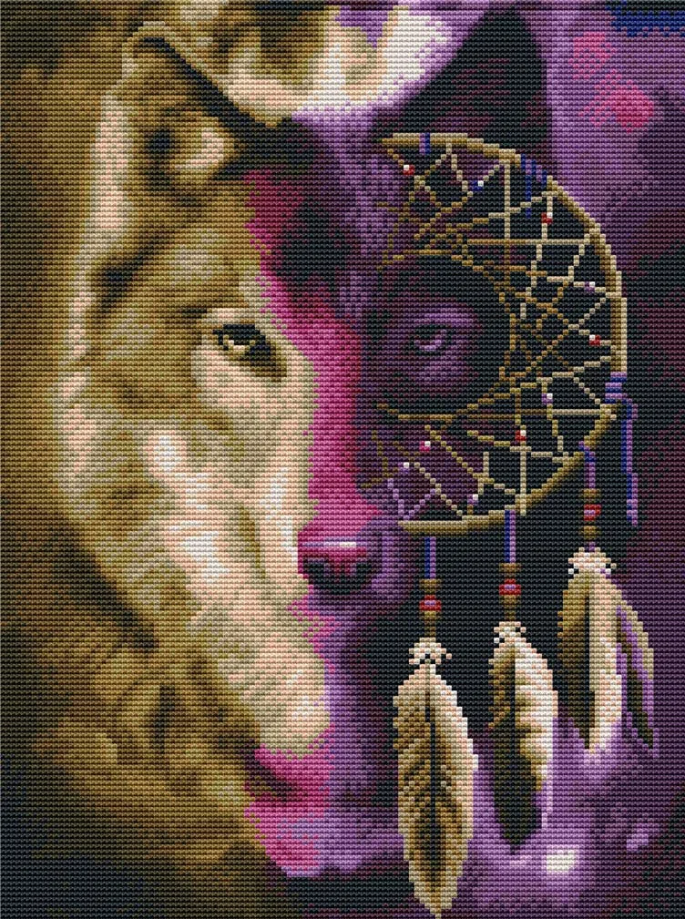 Abillyn - Kit de punto de cruz, diseño de lobo y atrapasueños con estampado de lobo