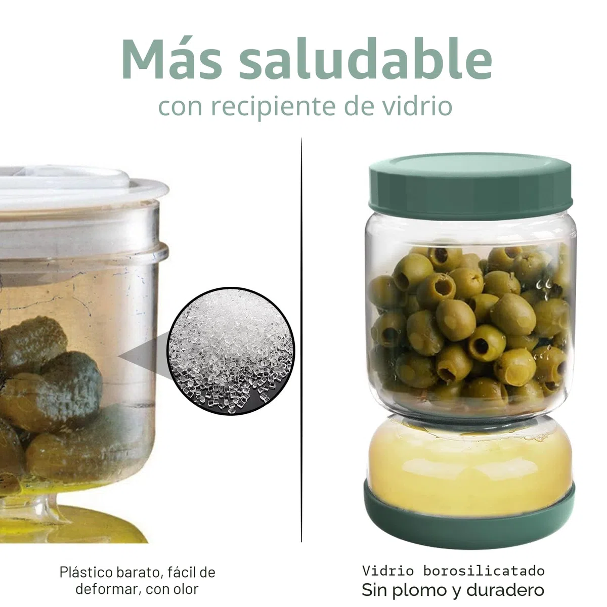 Luvan Bote Aceitunas con Escurridor, Tarro Aceitunas Separador Liquidode de 1000 ml,Tarro Hourglass con Tapa a Prueba de Fugas, para Pepinos, Jalapeños y Cebollas
