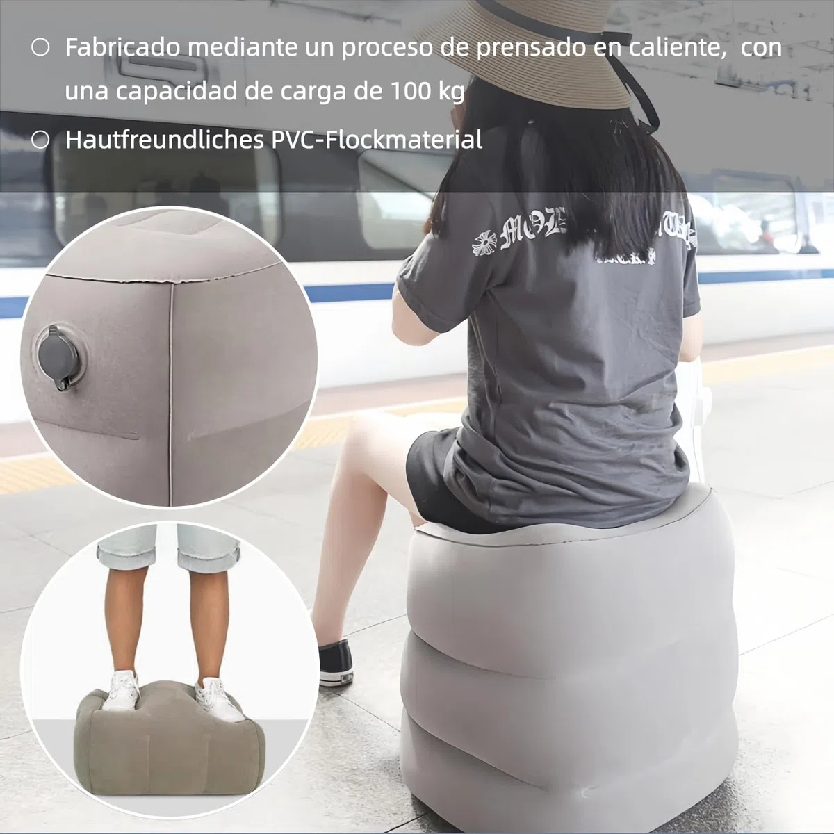 Reposapiés Inflable con Bolsa de Inflado (6 Segundos), 450 g Ultraportátil | Altura Ajustable, 100 kg de Carga, Hamaca de pies para Avión, Coche, Tren, Oficina, Acampada, para Niños y Adultos