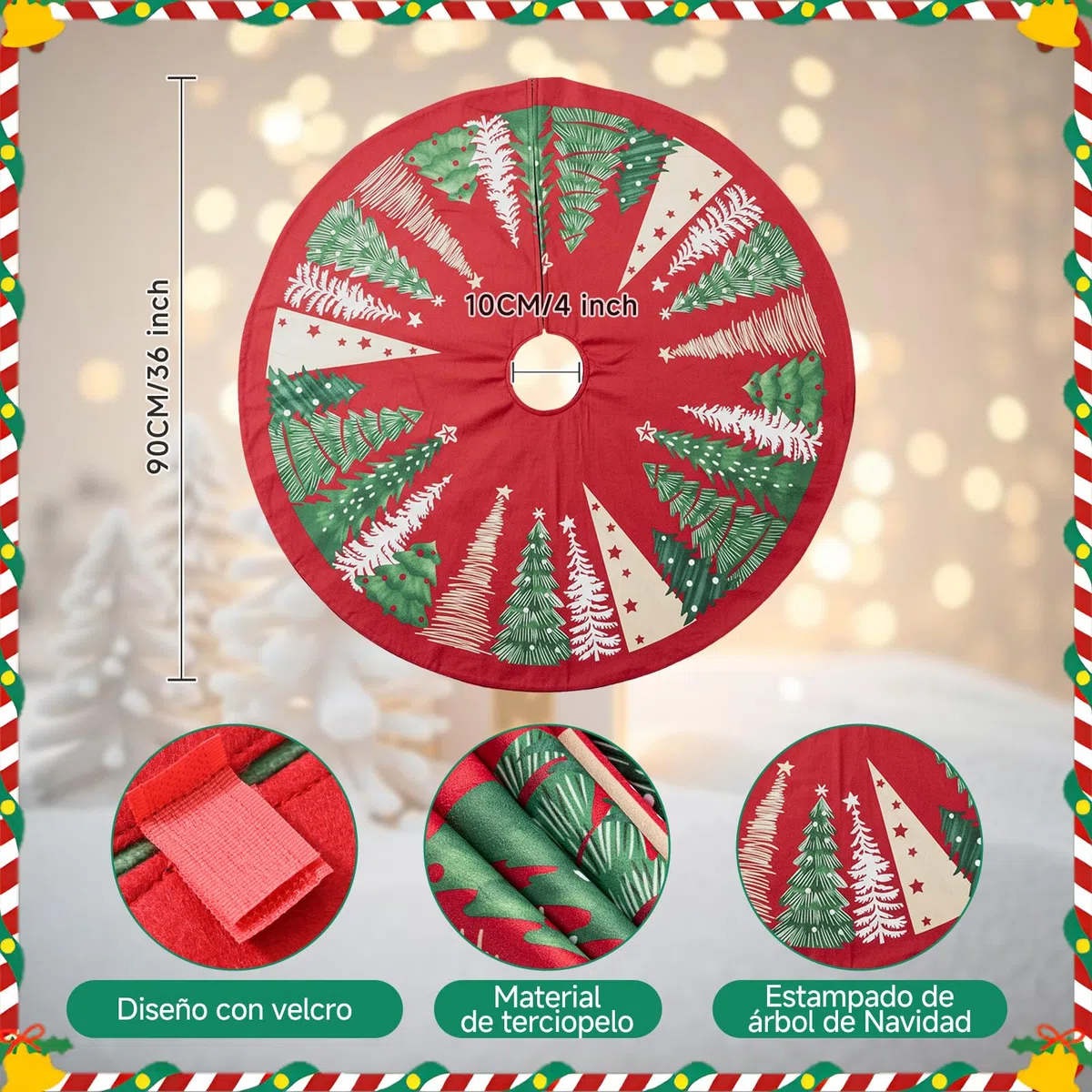 Lanpn Falda Cubre Pie para Arbol de Navidad de 90cm, Grande Terciopelo Árbol de Navidad Redondas, Cubiertas para Base Alfombra para Decoración Navideña de Interiores (Rojo)