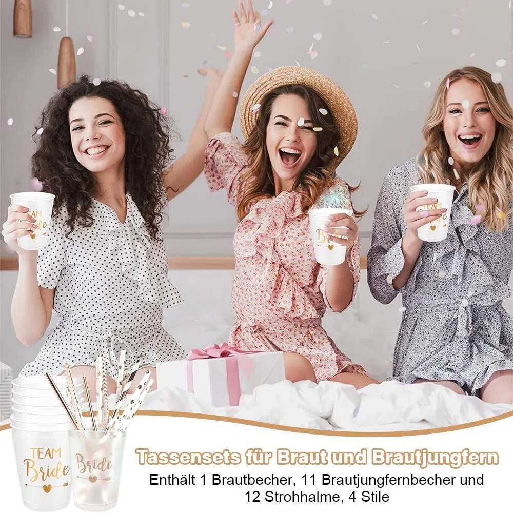 Juego de 12 tazas con 12 pajitas, taza JGA reutilizable Team Bride Bachelorette Party Cup Bride Team Tazas para Bridal Shower Compromiso despedida de soltero