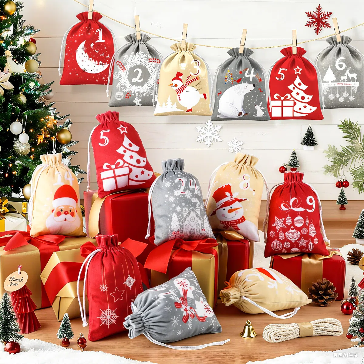 BoriYa Calendario Adviento para Rellenar - Terciopelo Bolsas Calendarios Adviento Vacio, DIY Calendario de Adviento Rellenable, Niños Bolsitas Calendario de Navidad para Rellenar 2025